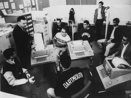 John Kemeny teaches BASIC to students at Dartmouth (not yet a co-ed institution)